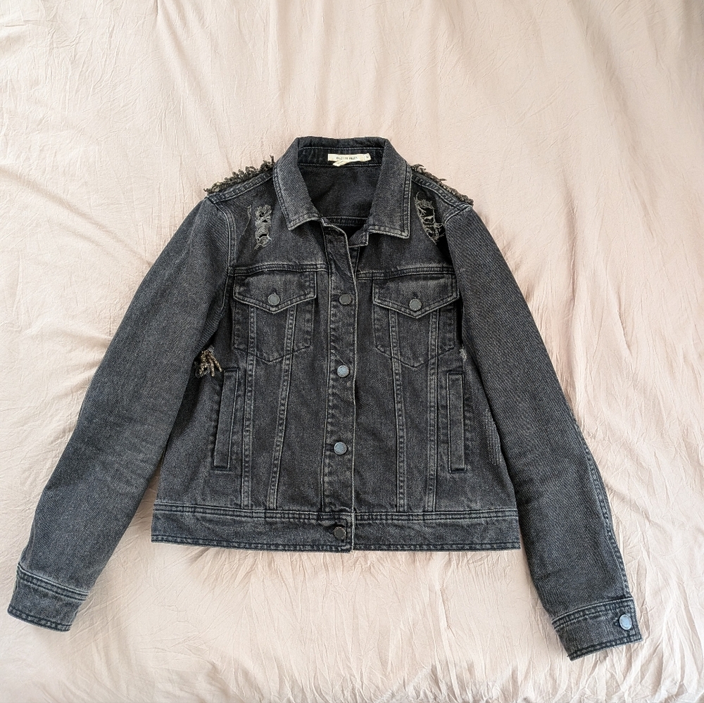 Customized Charcoal Denim Jacket With Mudcloth